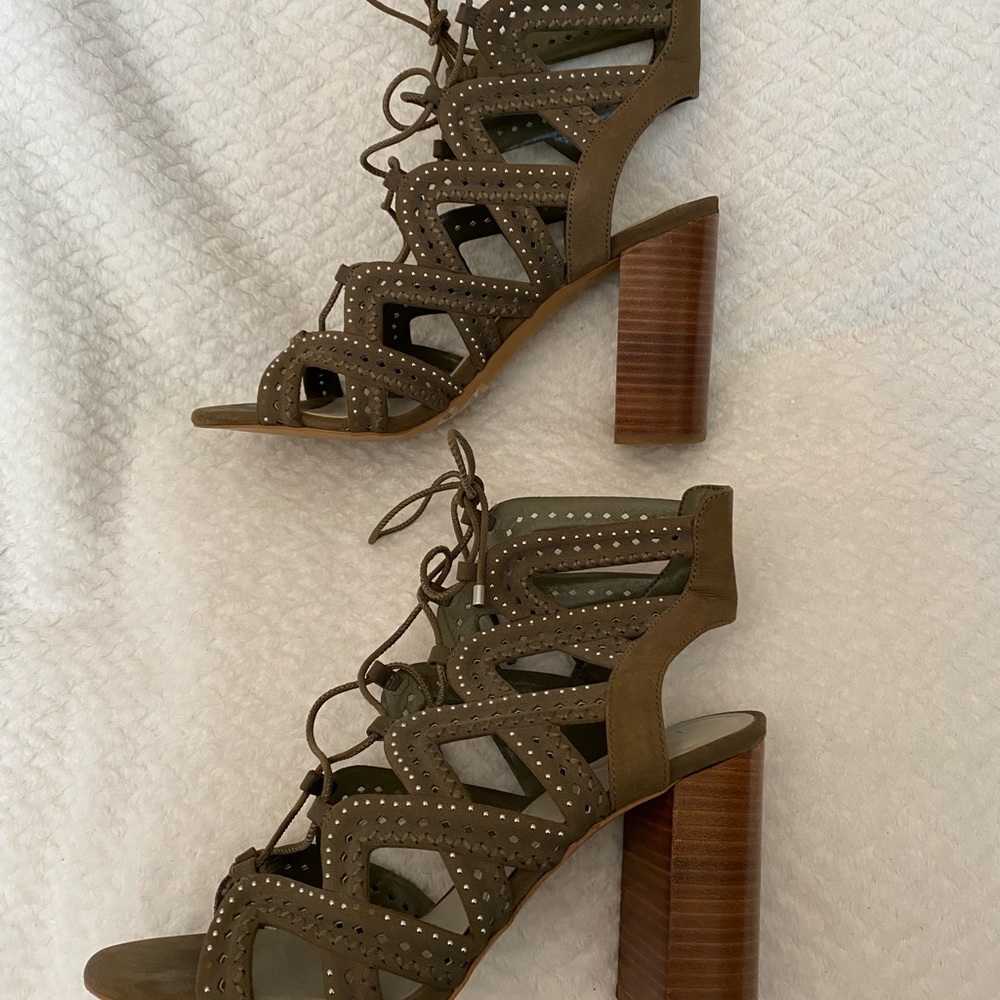 1.State Kayley Olive Suede Caged Studded Block Heel Sandal